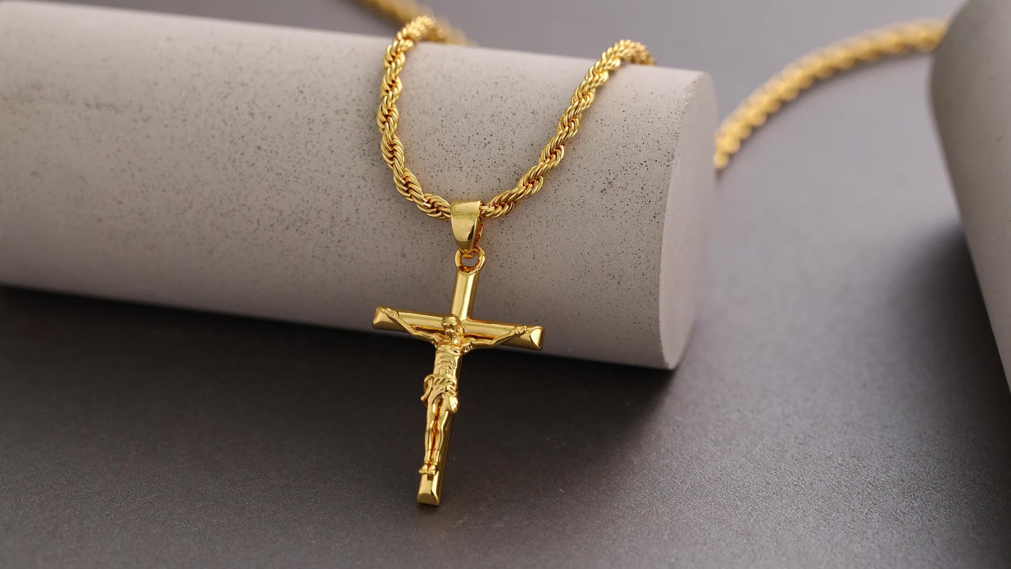 Jesus-Kreuz-Halskette, 925er Sterlingsilber, 18 Karat vergoldet, geflochtene Kette, religiöser Anhänger