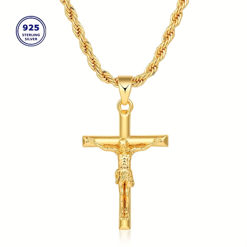 Jesus-Kreuz-Halskette, 925er Sterlingsilber, 18 Karat vergoldet, geflochtene Kette, religiöser Anhänger