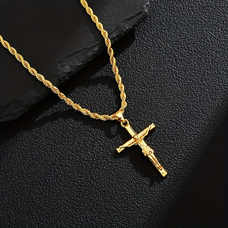 Jesus-Kreuz-Halskette, 925er Sterlingsilber, 18 Karat vergoldet, geflochtene Kette, religiöser Anhänger