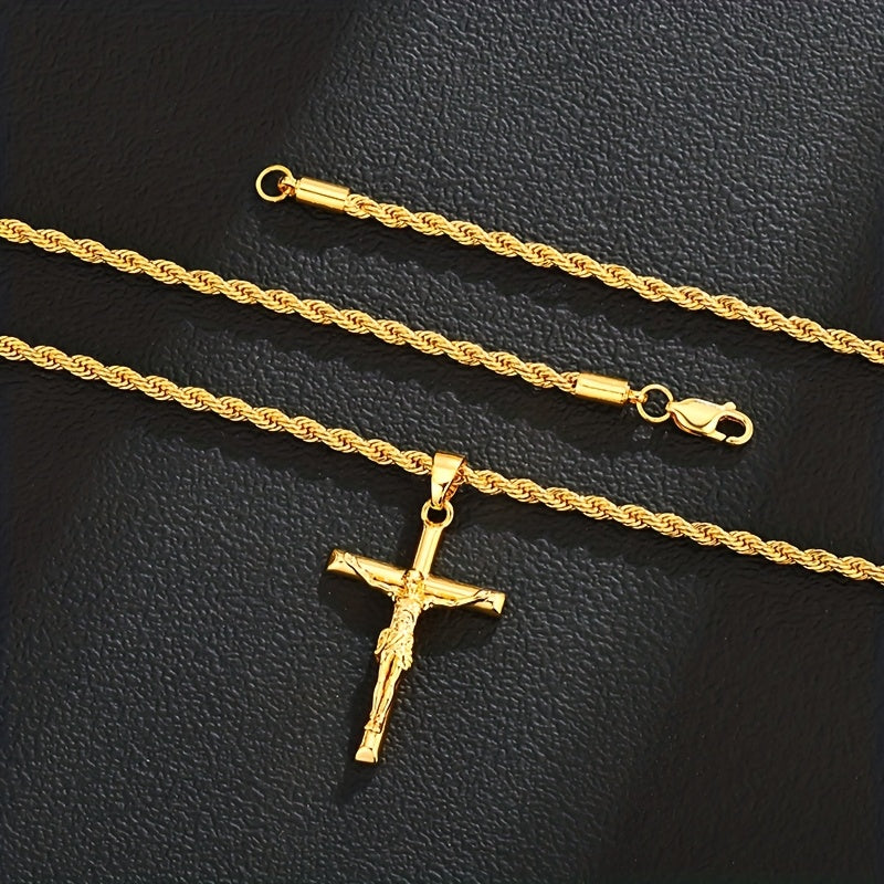 Jesus-Kreuz-Halskette, 925er Sterlingsilber, 18 Karat vergoldet, geflochtene Kette, religiöser Anhänger