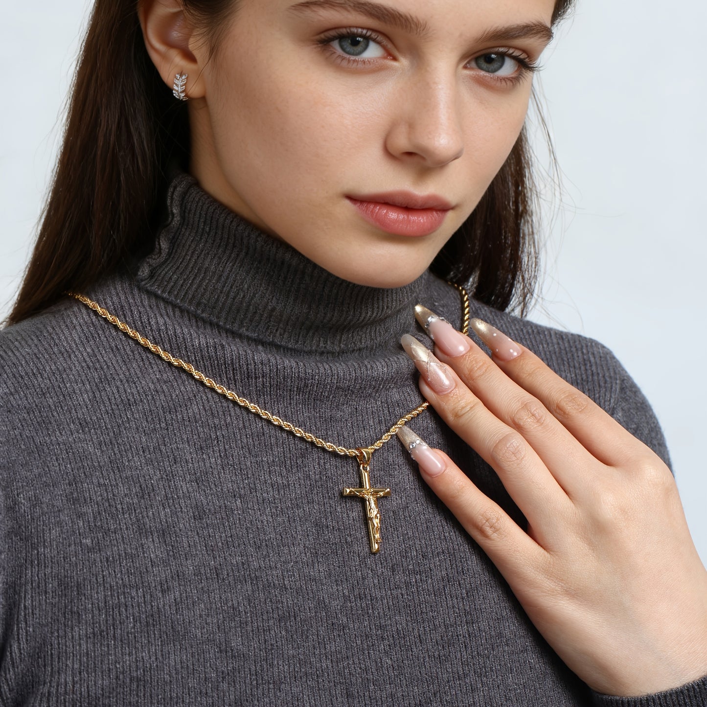 Jesus-Kreuz-Halskette, 925er Sterlingsilber, 18 Karat vergoldet, geflochtene Kette, religiöser Anhänger