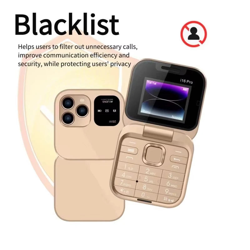 Mini Flip Phone I16 Pro – Portable Compact, 2 SIM, Débloqué GSM, Enregistrement d’Appels