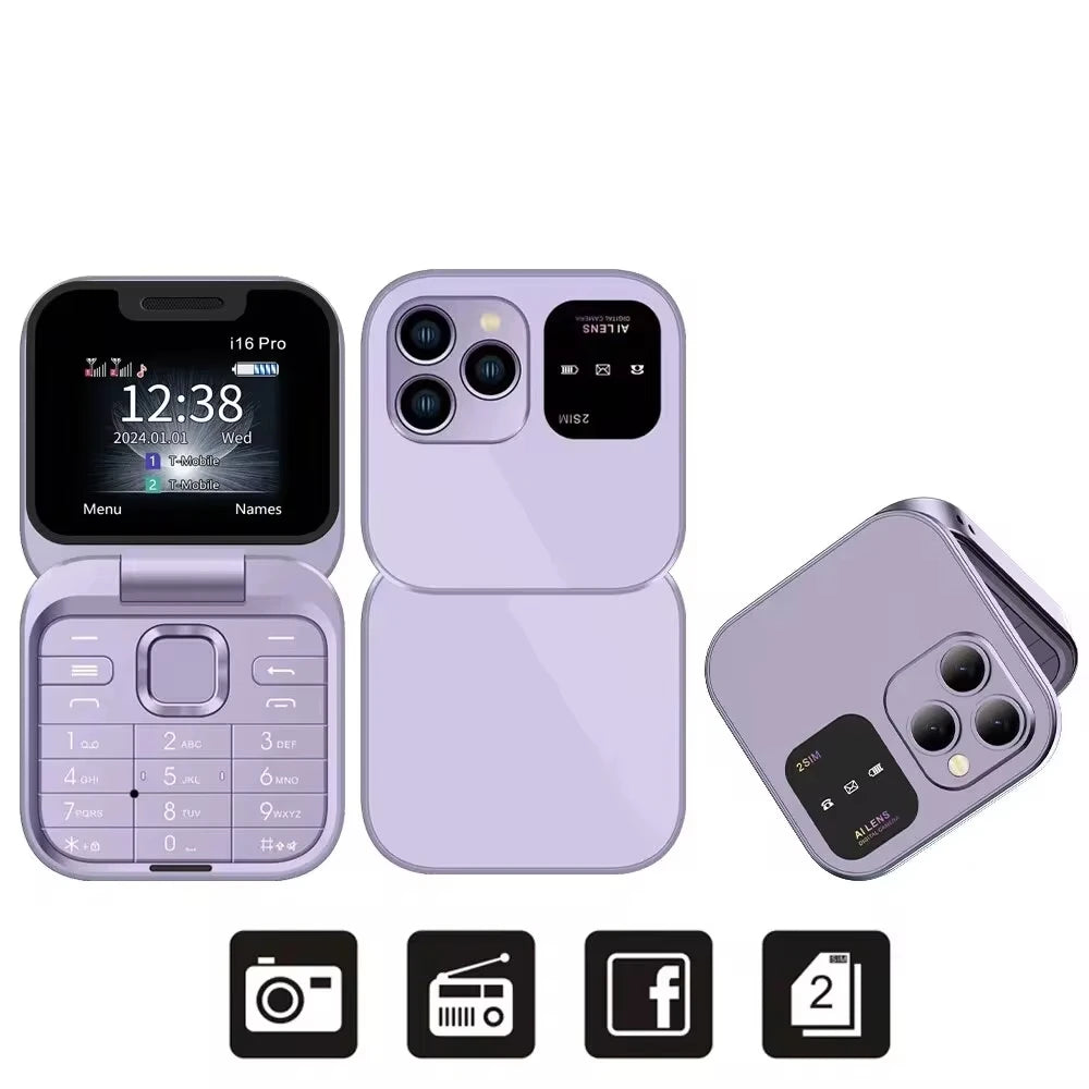 Mini Flip Phone I16 Pro – Portable Compact, 2 SIM, Débloqué GSM, Enregistrement d’Appels