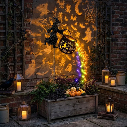 Décoration Halloween Sorcière Volante Chaudron LED Lumineux Jardin Extérieur