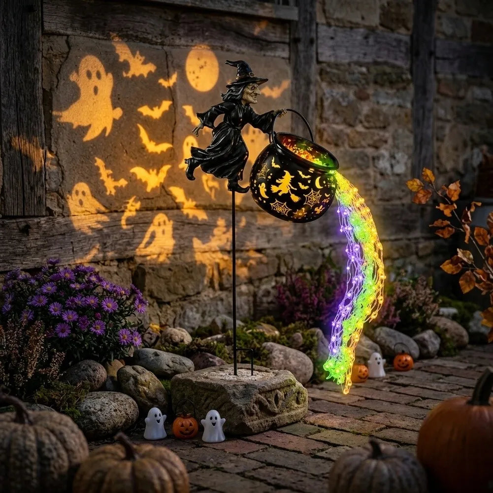 Décoration Halloween Sorcière Volante Chaudron LED Lumineux Jardin Extérieur