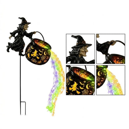 Décoration Halloween Sorcière Volante Chaudron LED Lumineux Jardin Extérieur