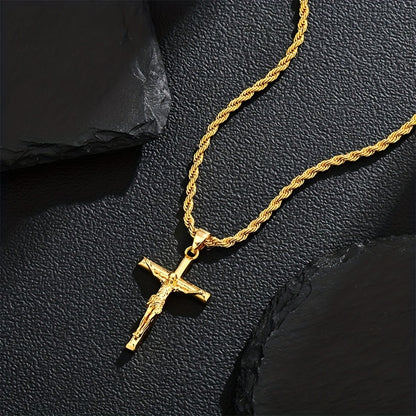 Jesus-Kreuz-Halskette, 925er Sterlingsilber, 18 Karat vergoldet, geflochtene Kette, religiöser Anhänger
