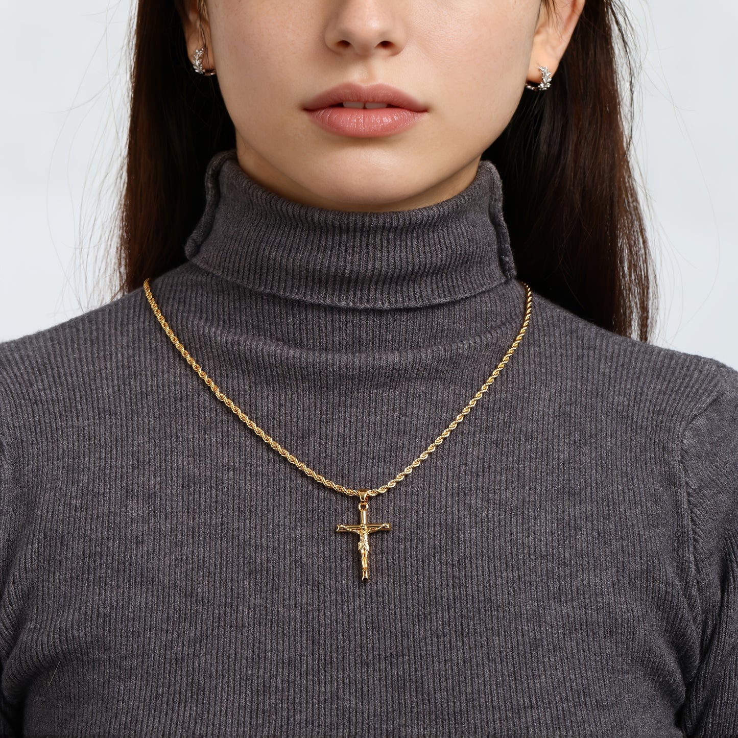 Jesus-Kreuz-Halskette, 925er Sterlingsilber, 18 Karat vergoldet, geflochtene Kette, religiöser Anhänger
